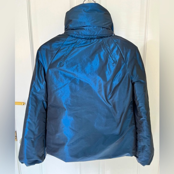 Elie Tahari dark blue taffeta down puffer cropped style w/ 3/4 sleeves. Sz S - Picture 2 of 12